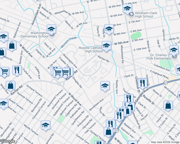 map of restaurants, bars, coffee shops, grocery stores, and more near 417 Raritan Road in Roselle