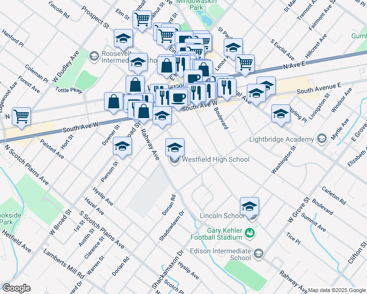 map of restaurants, bars, coffee shops, grocery stores, and more near 550 Trinity Place in Westfield