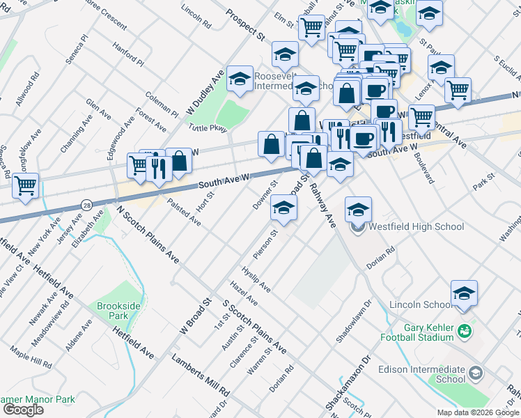 map of restaurants, bars, coffee shops, grocery stores, and more near 510 West Broad Street in Westfield