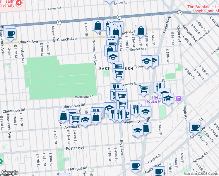 map of restaurants, bars, coffee shops, grocery stores, and more near 661 East 49th Street in Brooklyn