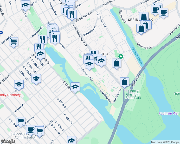 map of restaurants, bars, coffee shops, grocery stores, and more near 671 Louisiana Avenue in Brooklyn