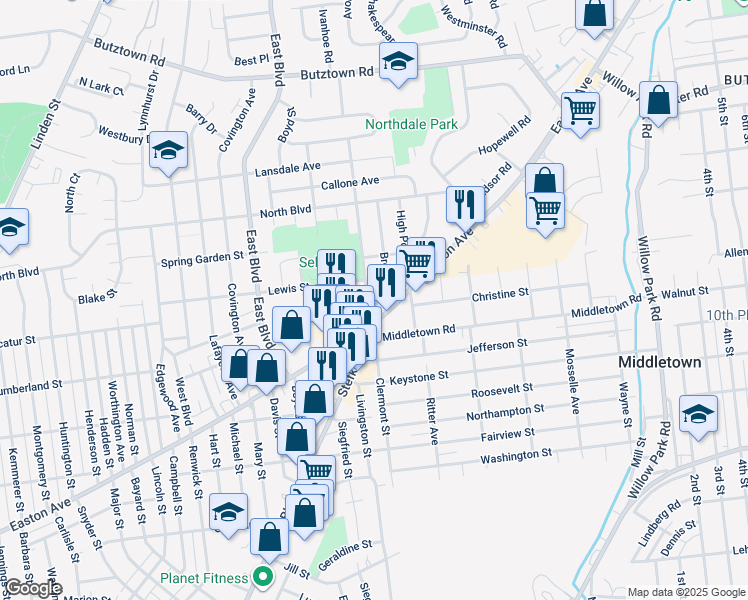 map of restaurants, bars, coffee shops, grocery stores, and more near 2230 Clermont Street in Bethlehem