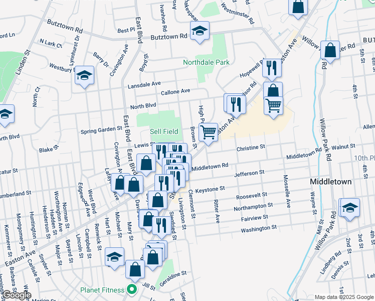 map of restaurants, bars, coffee shops, grocery stores, and more near 2230 Clermont Street in Bethlehem