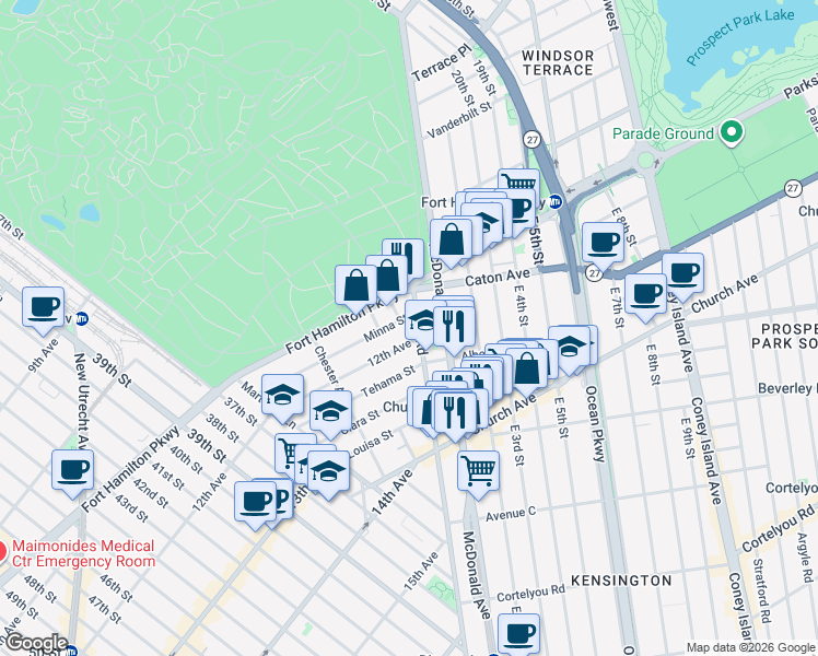 map of restaurants, bars, coffee shops, grocery stores, and more near 1725 12th Avenue in Brooklyn