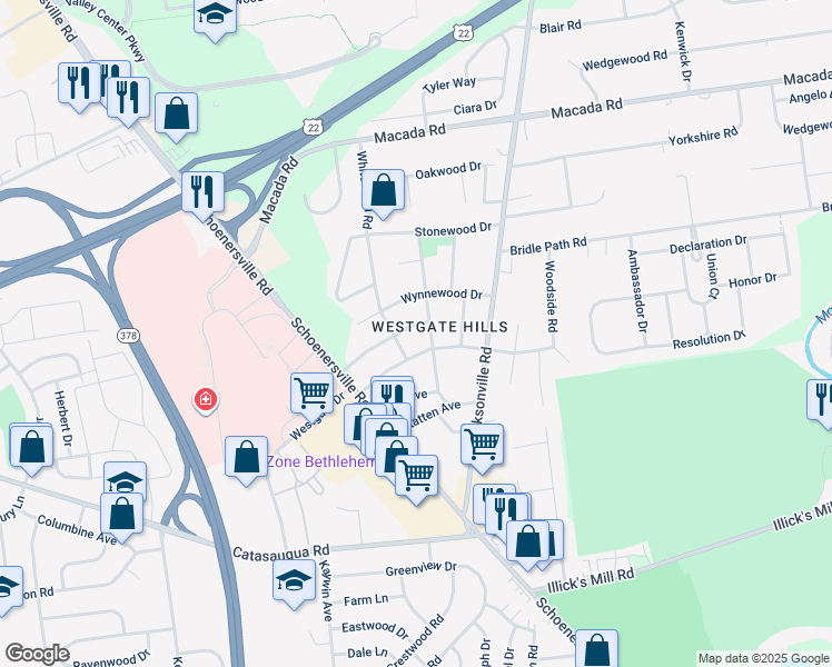 map of restaurants, bars, coffee shops, grocery stores, and more near 1421 Roselawn Drive in Bethlehem
