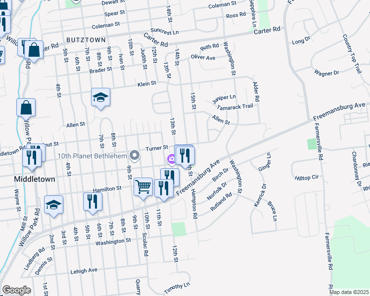 map of restaurants, bars, coffee shops, grocery stores, and more near 2031 14th Street in Bethlehem