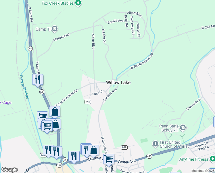 map of restaurants, bars, coffee shops, grocery stores, and more near 23 North Lake Drive in Pottsville
