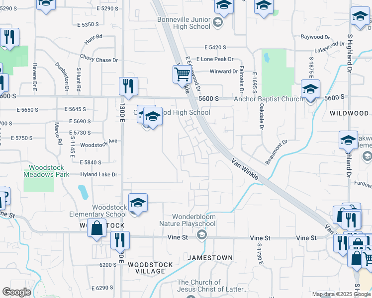 map of restaurants, bars, coffee shops, grocery stores, and more near 5809 South Waterbury Drive in Murray