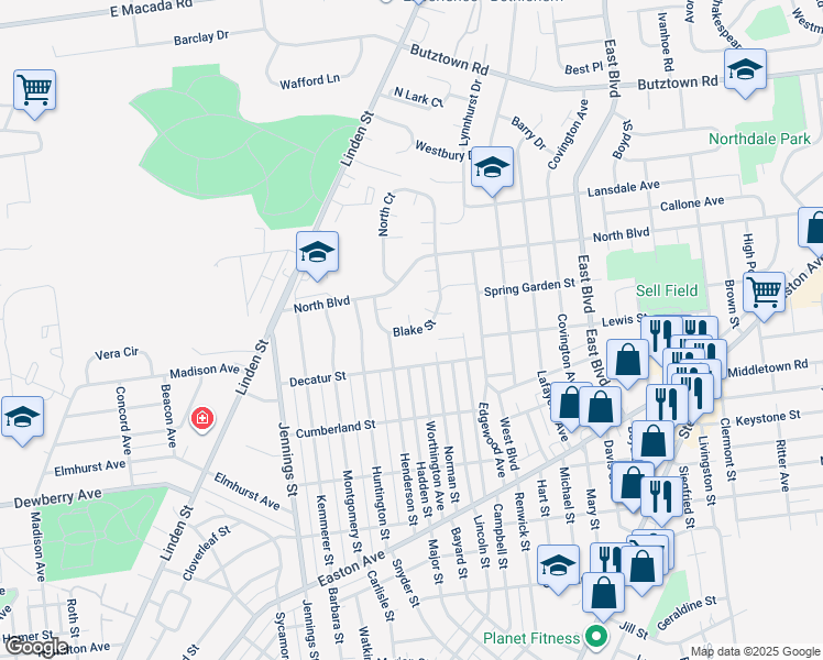 map of restaurants, bars, coffee shops, grocery stores, and more near 2314 Henderson Street in Bethlehem