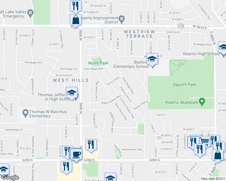 map of restaurants, bars, coffee shops, grocery stores, and more near 5823 Stony Brook Way in Kearns