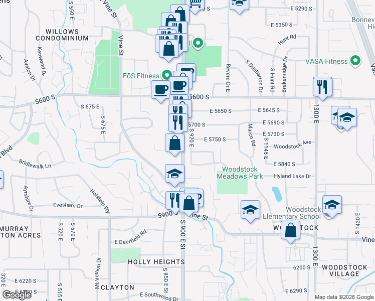 map of restaurants, bars, coffee shops, grocery stores, and more near 5814 South 920 East in Murray
