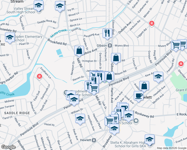 map of restaurants, bars, coffee shops, grocery stores, and more near 113 Edgeworth Street in Valley Stream