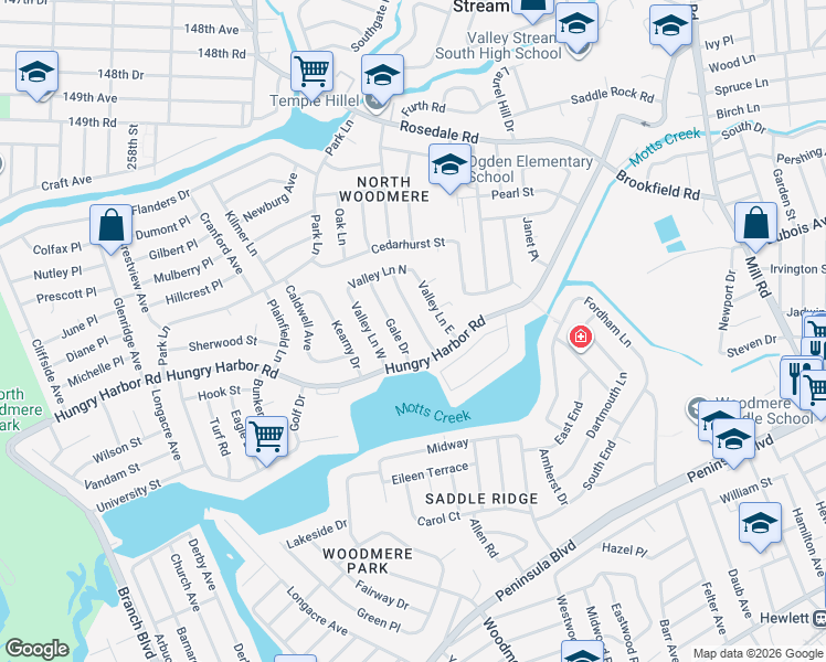 map of restaurants, bars, coffee shops, grocery stores, and more near 7 Gale Drive in Valley Stream
