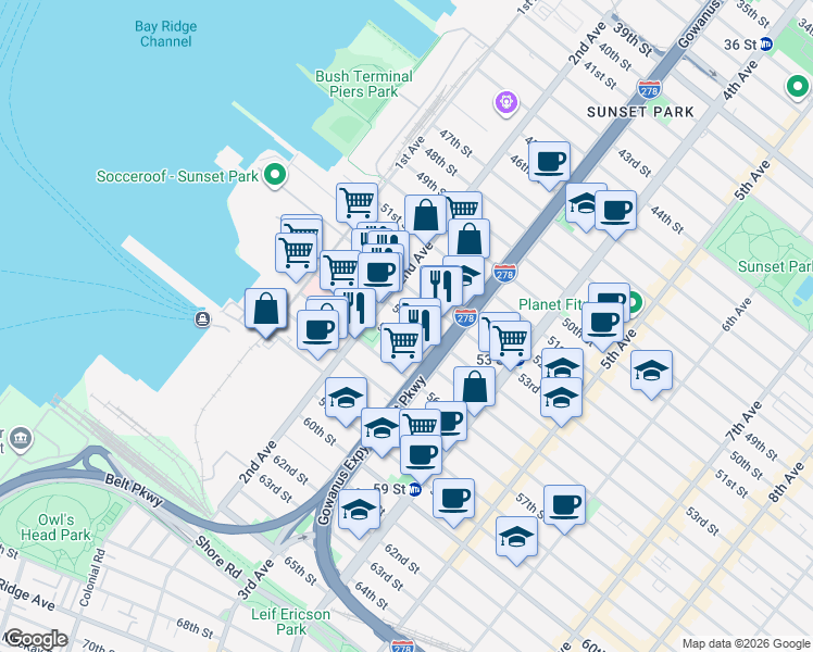map of restaurants, bars, coffee shops, grocery stores, and more near 238 55th Street in Brooklyn