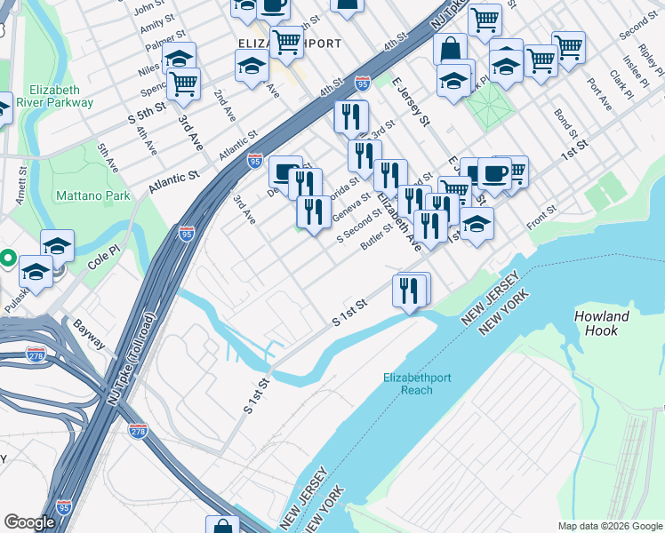 map of restaurants, bars, coffee shops, grocery stores, and more near 139 Broadway in Elizabeth