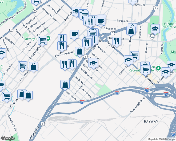 map of restaurants, bars, coffee shops, grocery stores, and more near 704 Mc Gillvray Place in Linden