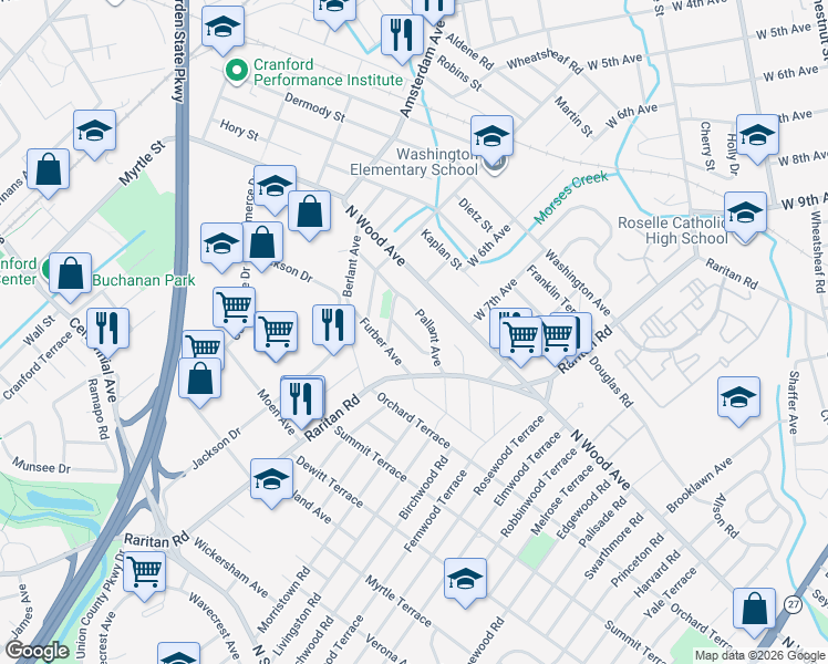 map of restaurants, bars, coffee shops, grocery stores, and more near 9 Chatham Place in Linden