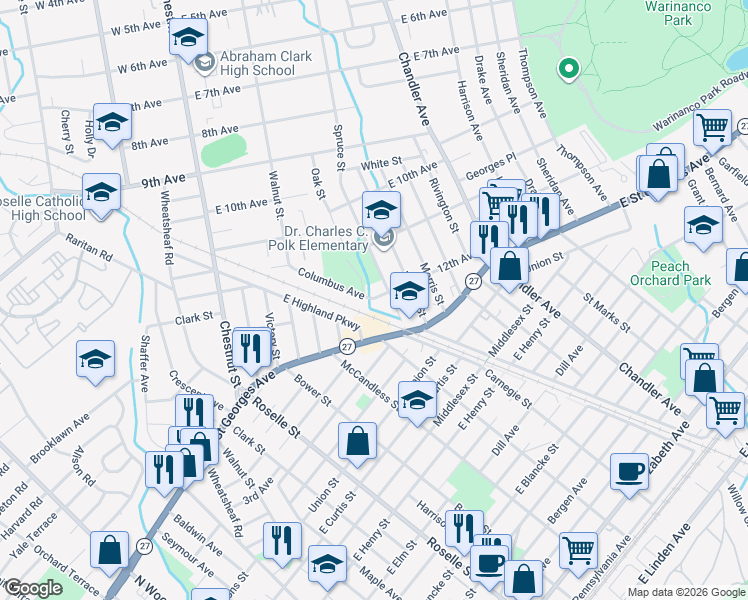 map of restaurants, bars, coffee shops, grocery stores, and more near 1229 Spruce Street in Roselle