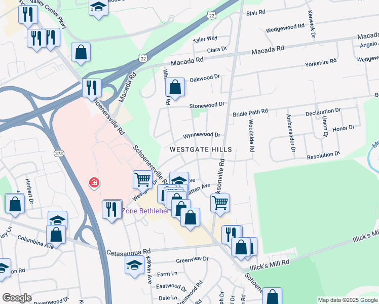 map of restaurants, bars, coffee shops, grocery stores, and more near 1421 Roselawn Drive in Bethlehem