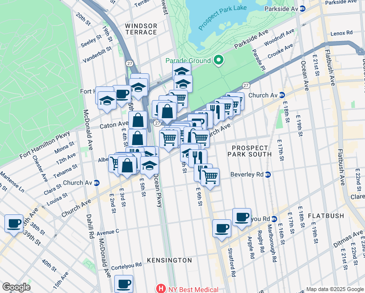 map of restaurants, bars, coffee shops, grocery stores, and more near 741 Church Avenue in Brooklyn