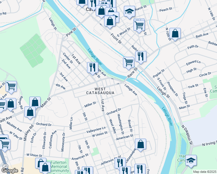 map of restaurants, bars, coffee shops, grocery stores, and more near 2117 Columbia Avenue in Whitehall