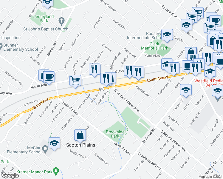 map of restaurants, bars, coffee shops, grocery stores, and more near 717 Newark Avenue in Westfield