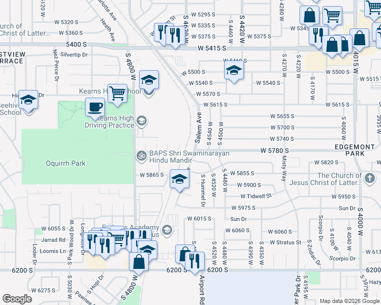 map of restaurants, bars, coffee shops, grocery stores, and more near 5792 Salem Avenue in Kearns