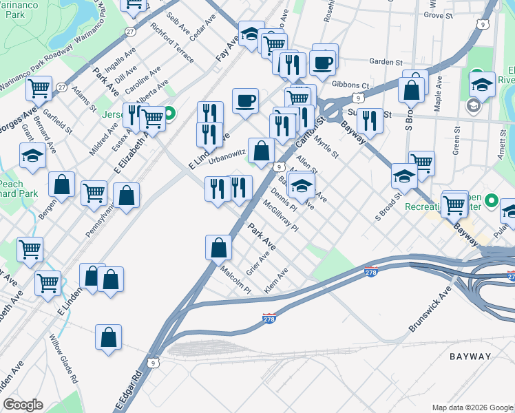 map of restaurants, bars, coffee shops, grocery stores, and more near 2000 East Edgar Road in Linden