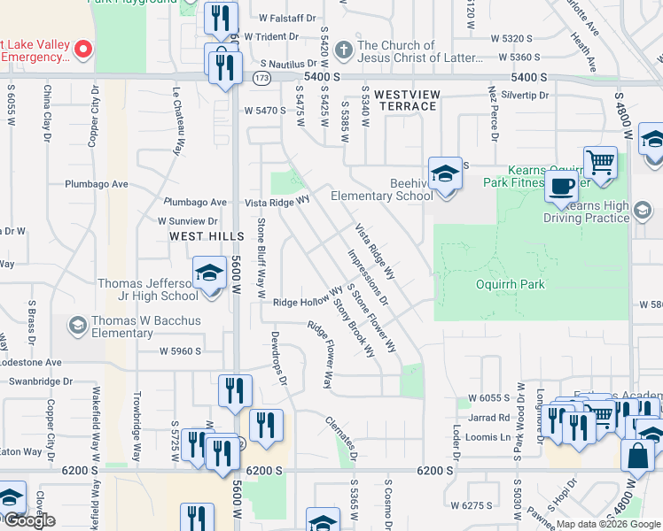 map of restaurants, bars, coffee shops, grocery stores, and more near 5823 Stony Brook Way in Kearns