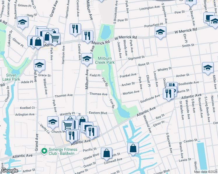 map of restaurants, bars, coffee shops, grocery stores, and more near 2657 Fox Road in Baldwin