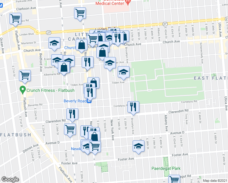 map of restaurants, bars, coffee shops, grocery stores, and more near 460 East 34th Street in Brooklyn