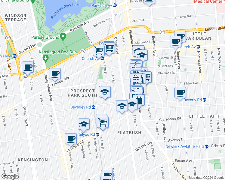 map of restaurants, bars, coffee shops, grocery stores, and more near 229 East 18th Street in Brooklyn