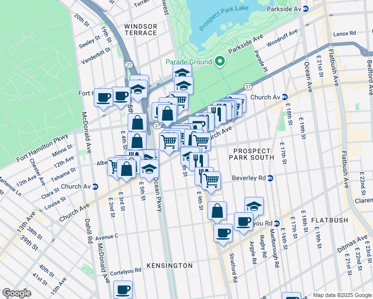 map of restaurants, bars, coffee shops, grocery stores, and more near 500 Coney Island Avenue in Brooklyn