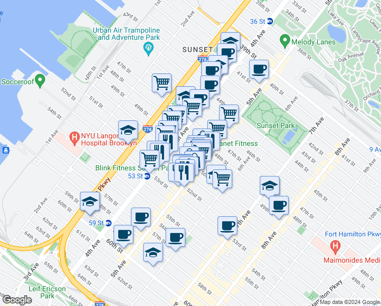 map of restaurants, bars, coffee shops, grocery stores, and more near 450 50th Street in Brooklyn