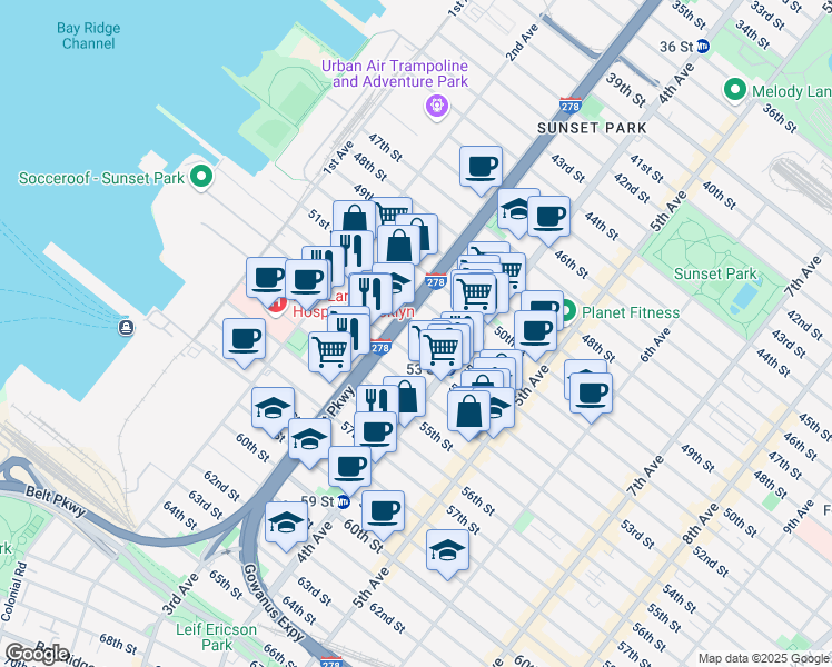 map of restaurants, bars, coffee shops, grocery stores, and more near 324 53rd Street in Brooklyn