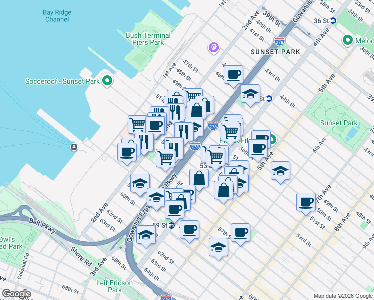 map of restaurants, bars, coffee shops, grocery stores, and more near in Brooklyn