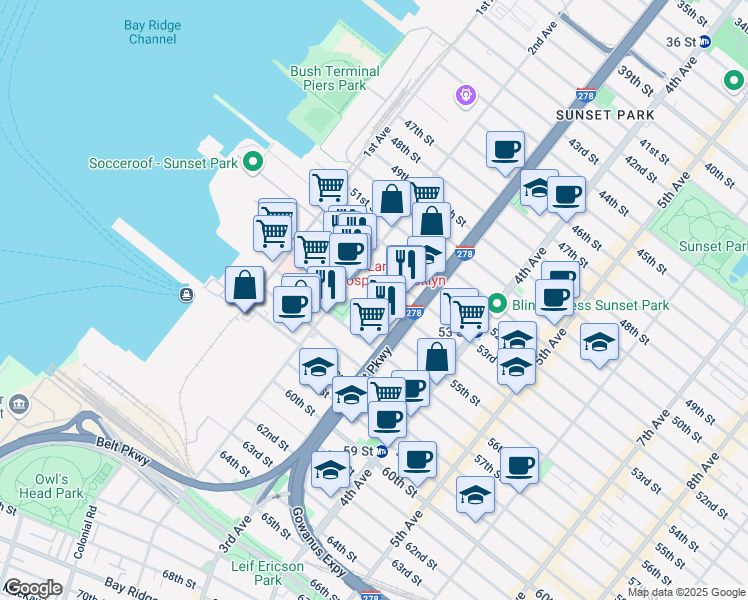 map of restaurants, bars, coffee shops, grocery stores, and more near 238 55th Street in Brooklyn