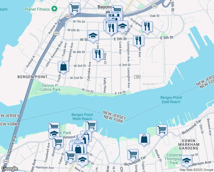 map of restaurants, bars, coffee shops, grocery stores, and more near 5 West 1st Street in Bayonne