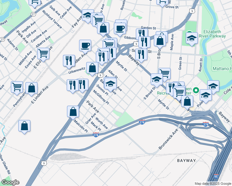 map of restaurants, bars, coffee shops, grocery stores, and more near 840 Bacheller Avenue in Linden