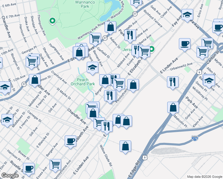 map of restaurants, bars, coffee shops, grocery stores, and more near 23 Grant Street in Linden