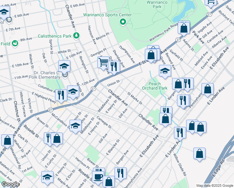 map of restaurants, bars, coffee shops, grocery stores, and more near 804 Chandler Avenue in Linden