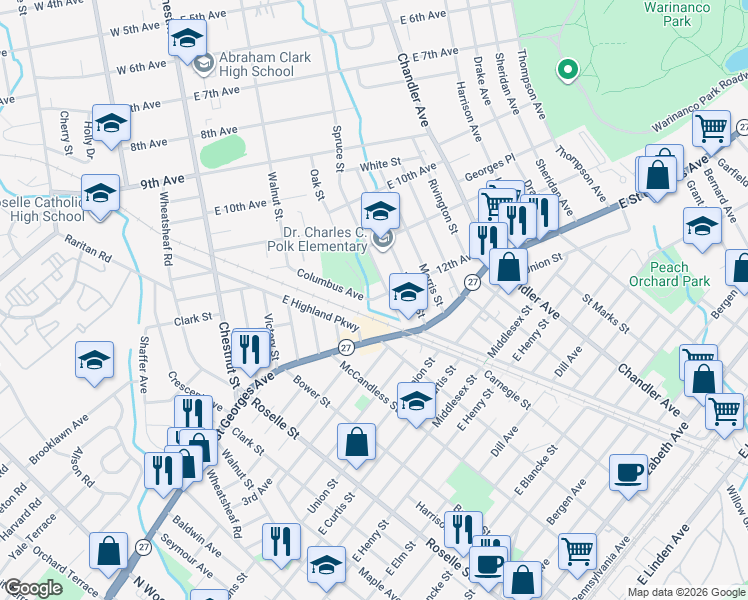 map of restaurants, bars, coffee shops, grocery stores, and more near 1229 Spruce Street in Roselle