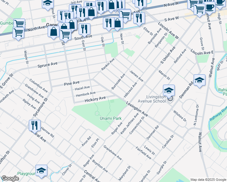map of restaurants, bars, coffee shops, grocery stores, and more near 189 Hickory Avenue in Garwood