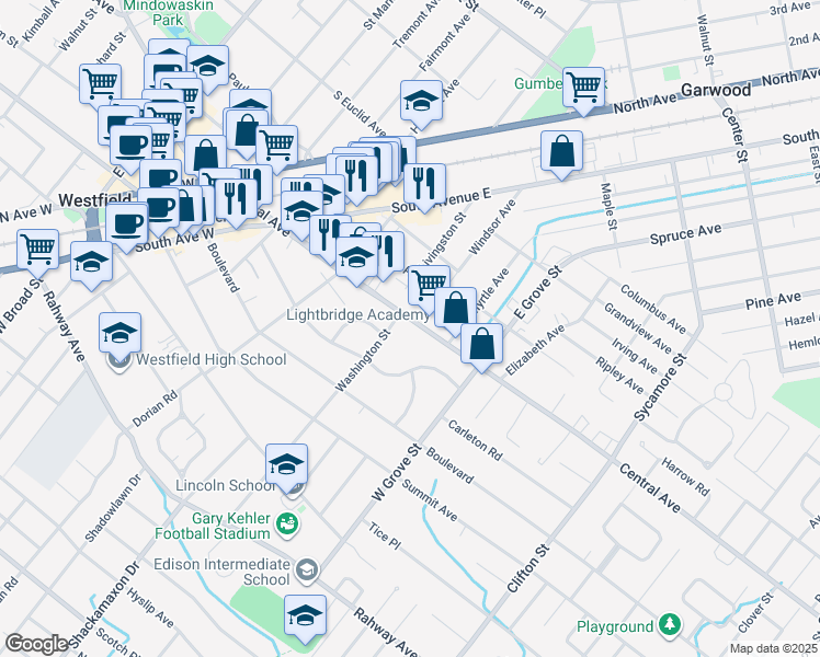 map of restaurants, bars, coffee shops, grocery stores, and more near 127 Washington Street in Westfield