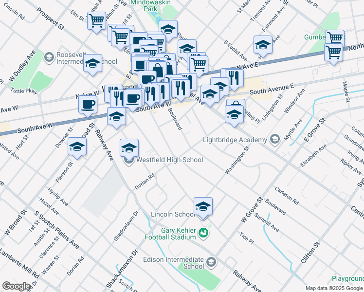 map of restaurants, bars, coffee shops, grocery stores, and more near 317 Park Street in Westfield