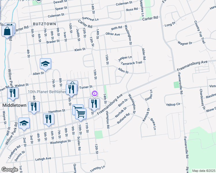 map of restaurants, bars, coffee shops, grocery stores, and more near 3990 Turner Street in Bethlehem