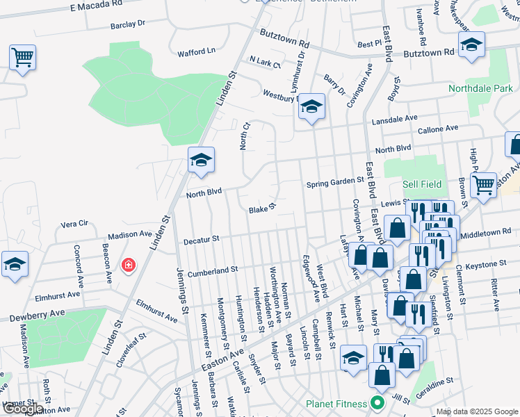 map of restaurants, bars, coffee shops, grocery stores, and more near 2314 Henderson Street in Bethlehem