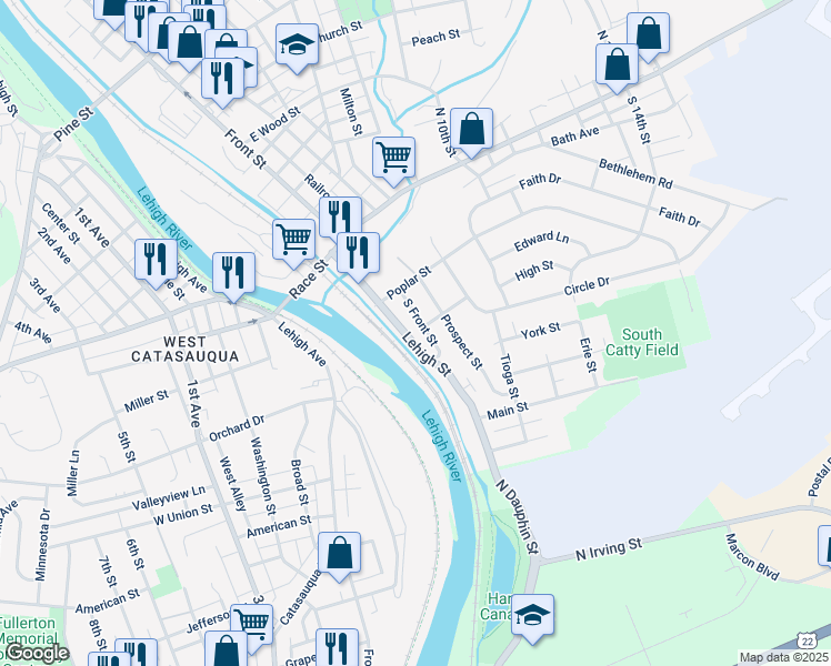 map of restaurants, bars, coffee shops, grocery stores, and more near 206 South Front Street in Catasauqua