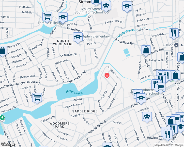 map of restaurants, bars, coffee shops, grocery stores, and more near 33 Captains Road in Valley Stream