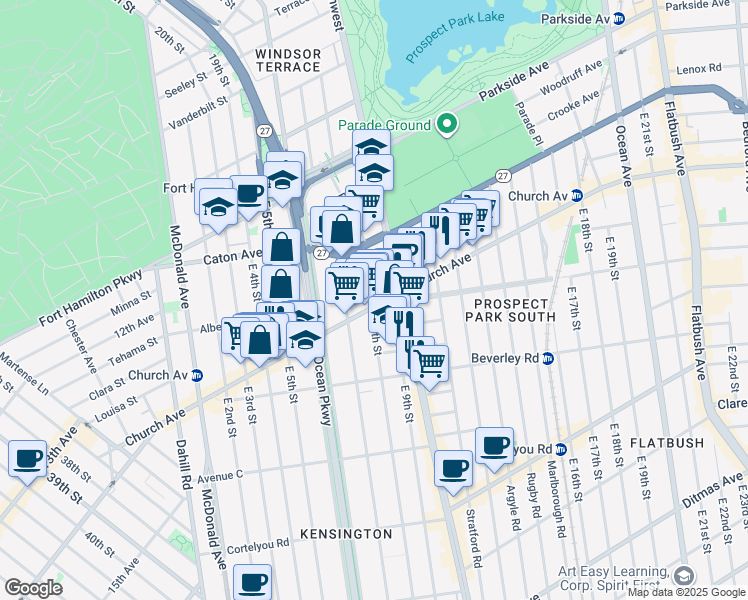 map of restaurants, bars, coffee shops, grocery stores, and more near 722 Church Avenue in Brooklyn